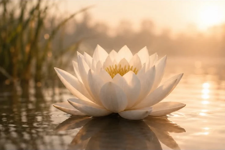 Weisse Lotusblüte auf ruhigem Wasser